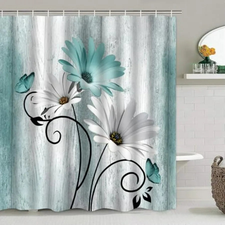 Five Piece Daisy Shower Curtain Set With Luxury Rugs