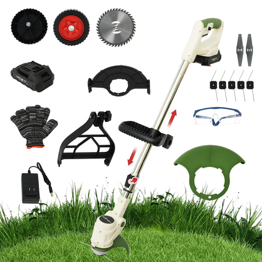 Cordless Electric Grass Trimmer with 21V Battery and Auxiliary Wheels for Garden