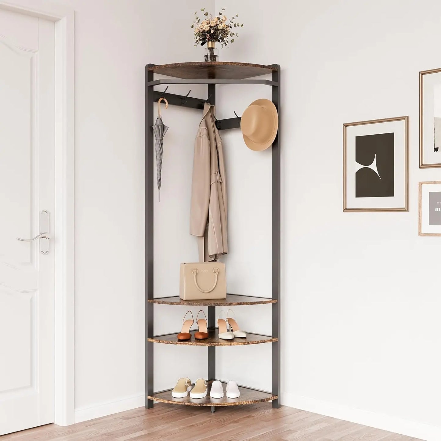 HiMISS Freestanding Coat Rack Stand With 6 Hooks Shelves