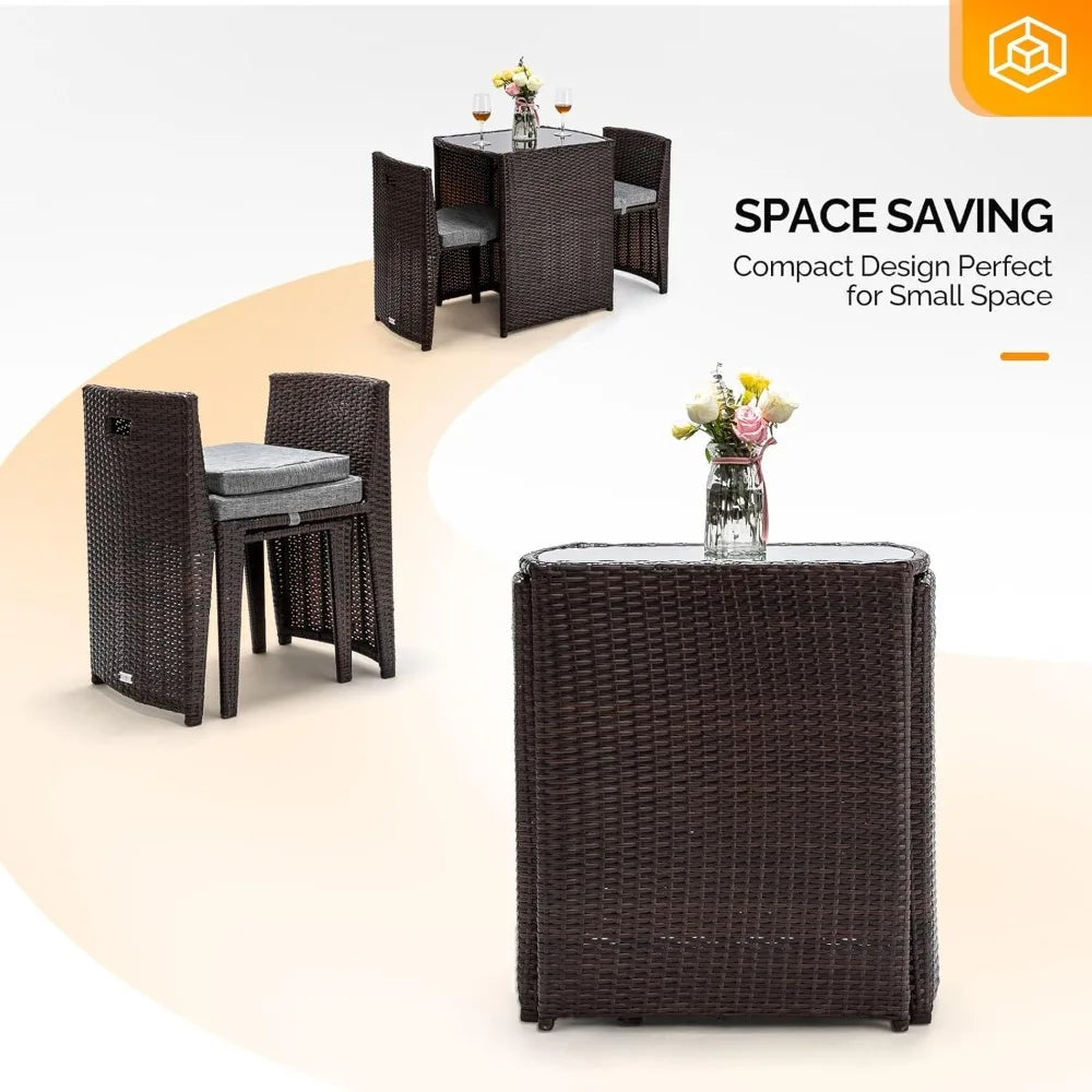 Wicker Outdoor Patio Bistro Set With Glass Table Top