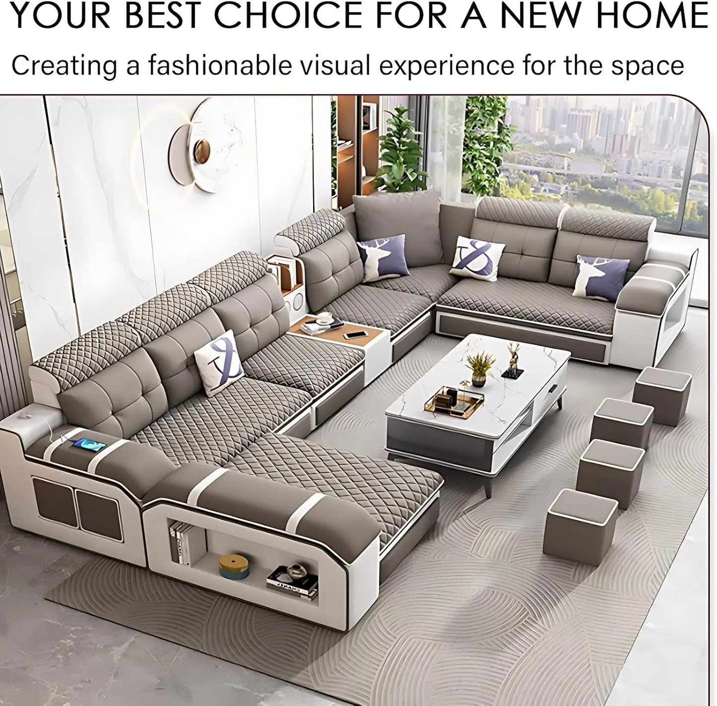 Combination Modern Faux Leather L Shaped Ergonomic Sofa Set