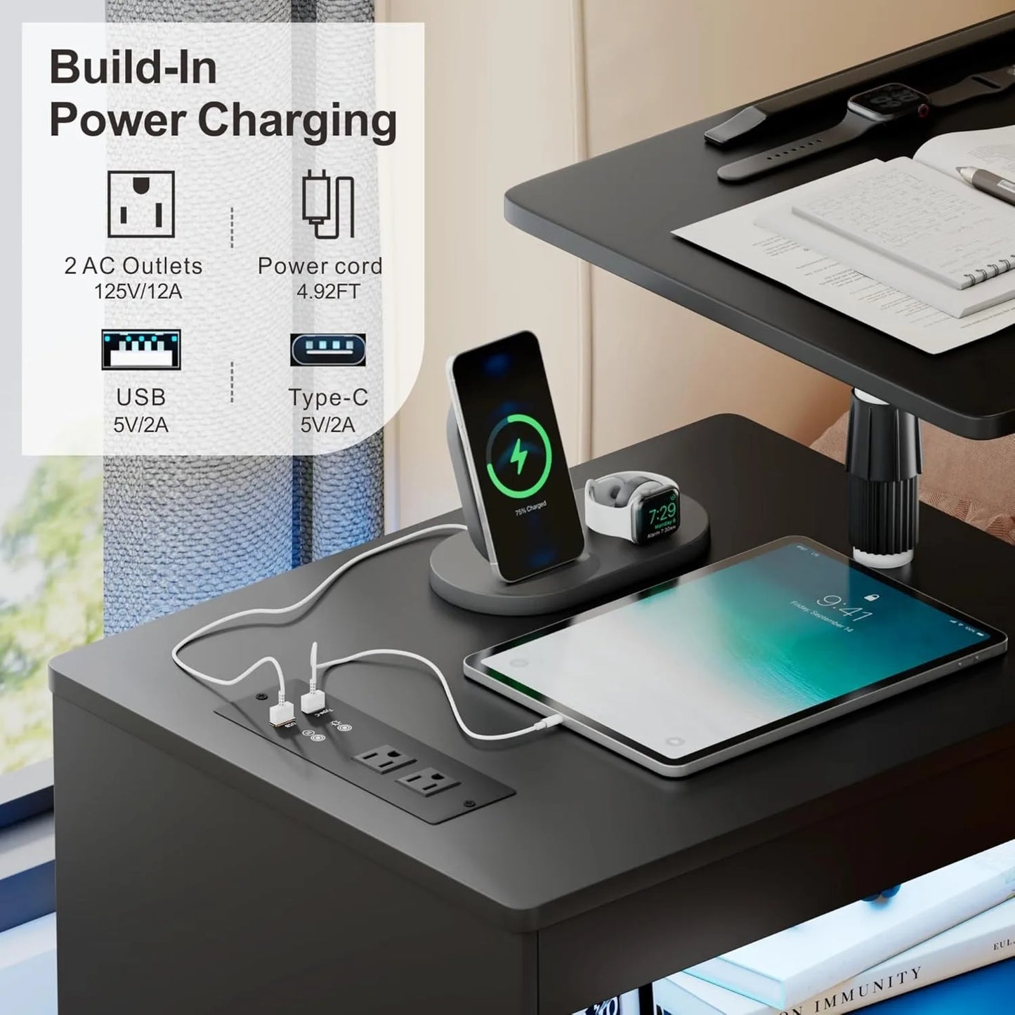 Nightstand Set With Charging Station And LED Drawers Rolling End Table
