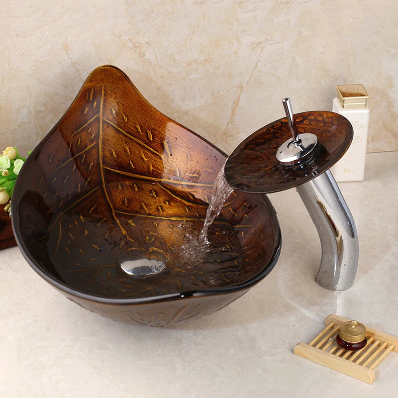 Yanksmart Leaf Style Basin Faucet Set With Tempered Glass