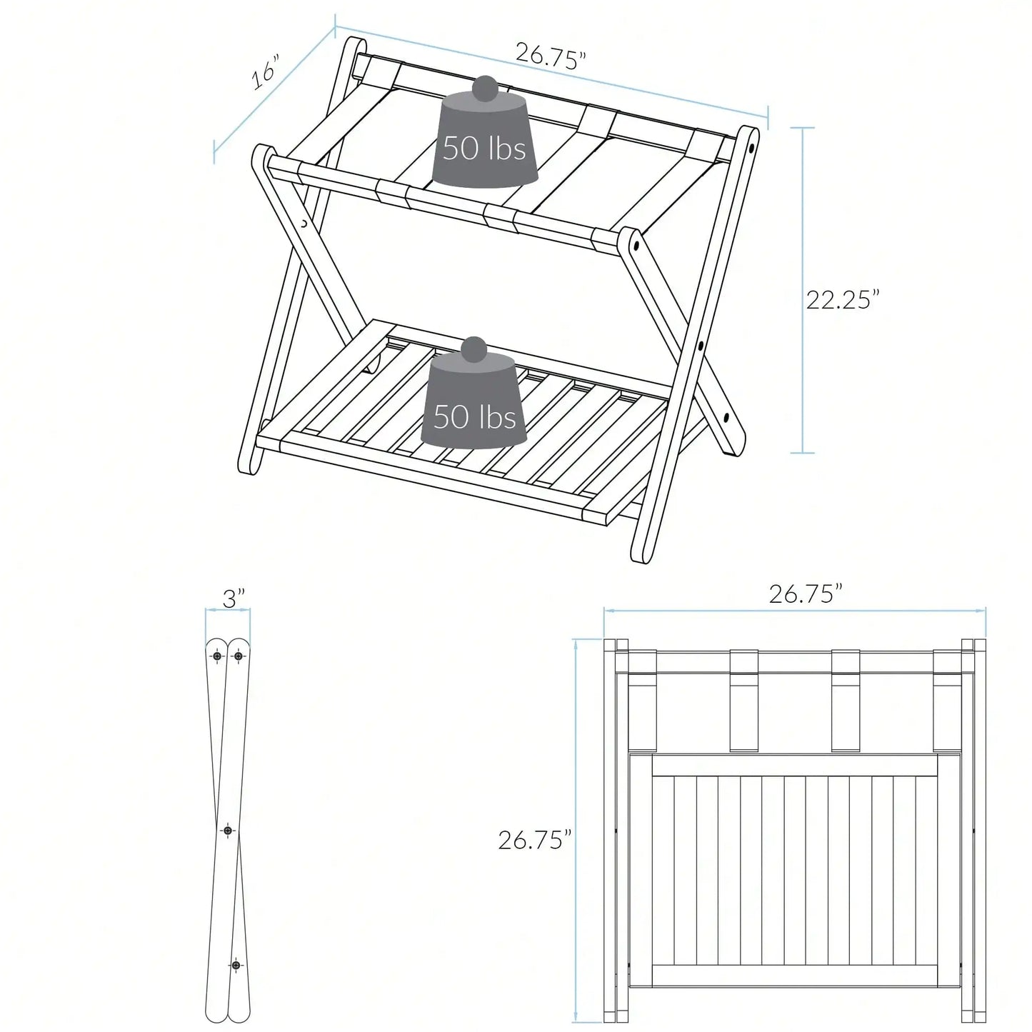Solid Wood Folding Luggage Rack with Heavy Duty Straps and Storage Shelves