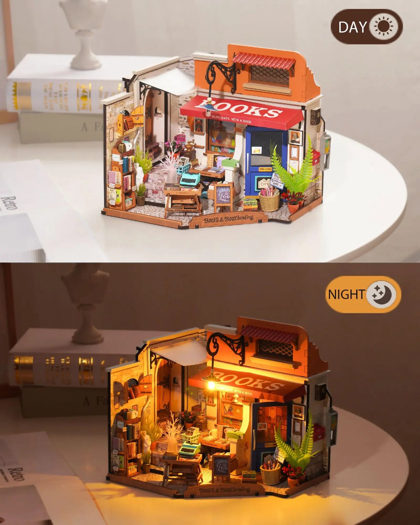 Robotime Corner Bookstore Miniature Dollhouse Kit With LED