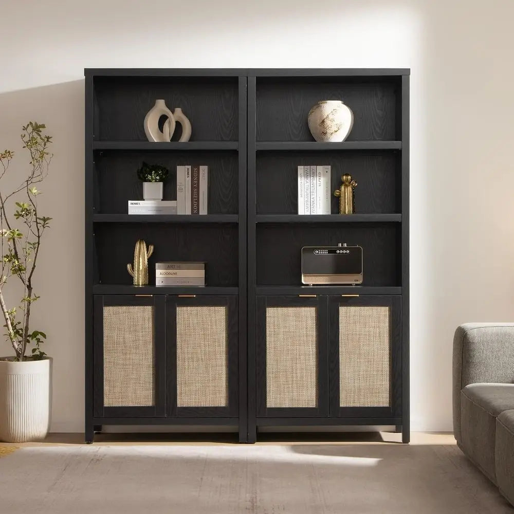 Modern Wooden Rattan Bookcase For Living Room Storage