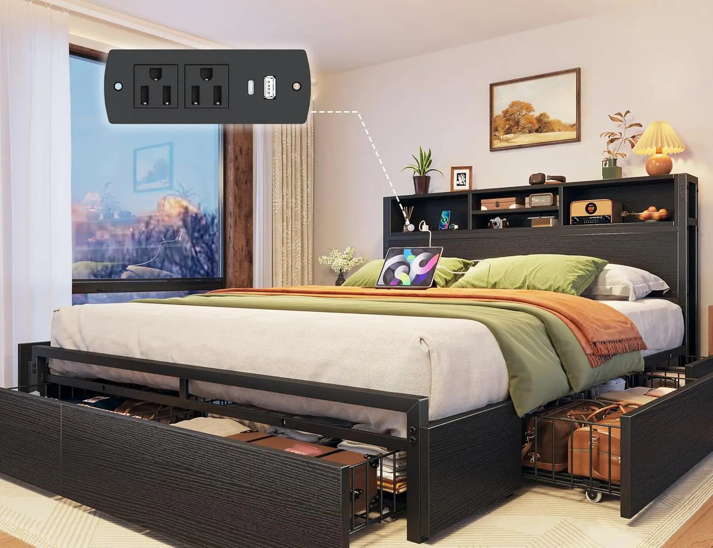 Bed Frame With 6 Storage Drawers And Charging Station