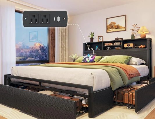 Bed Frame With 6 Storage Drawers And Charging Station