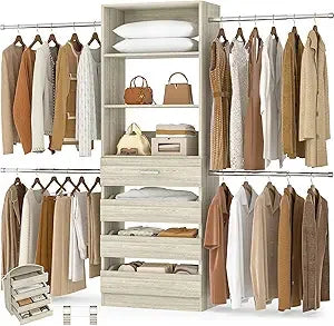 4-9Ft White Oak Closet Organizer System with 4 Wooden Drawers and Tower