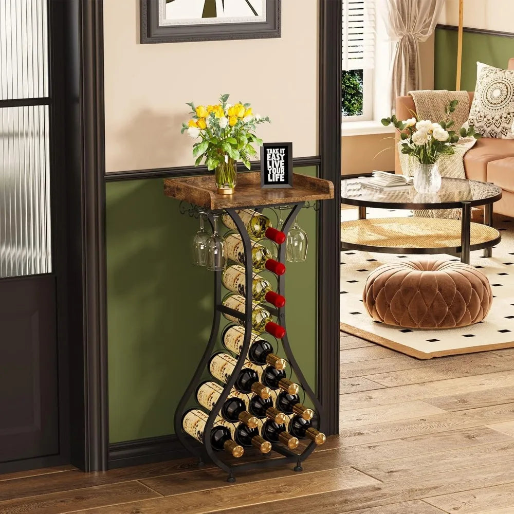 XIUWO Freestanding Wood Wine Rack With Glass Holder