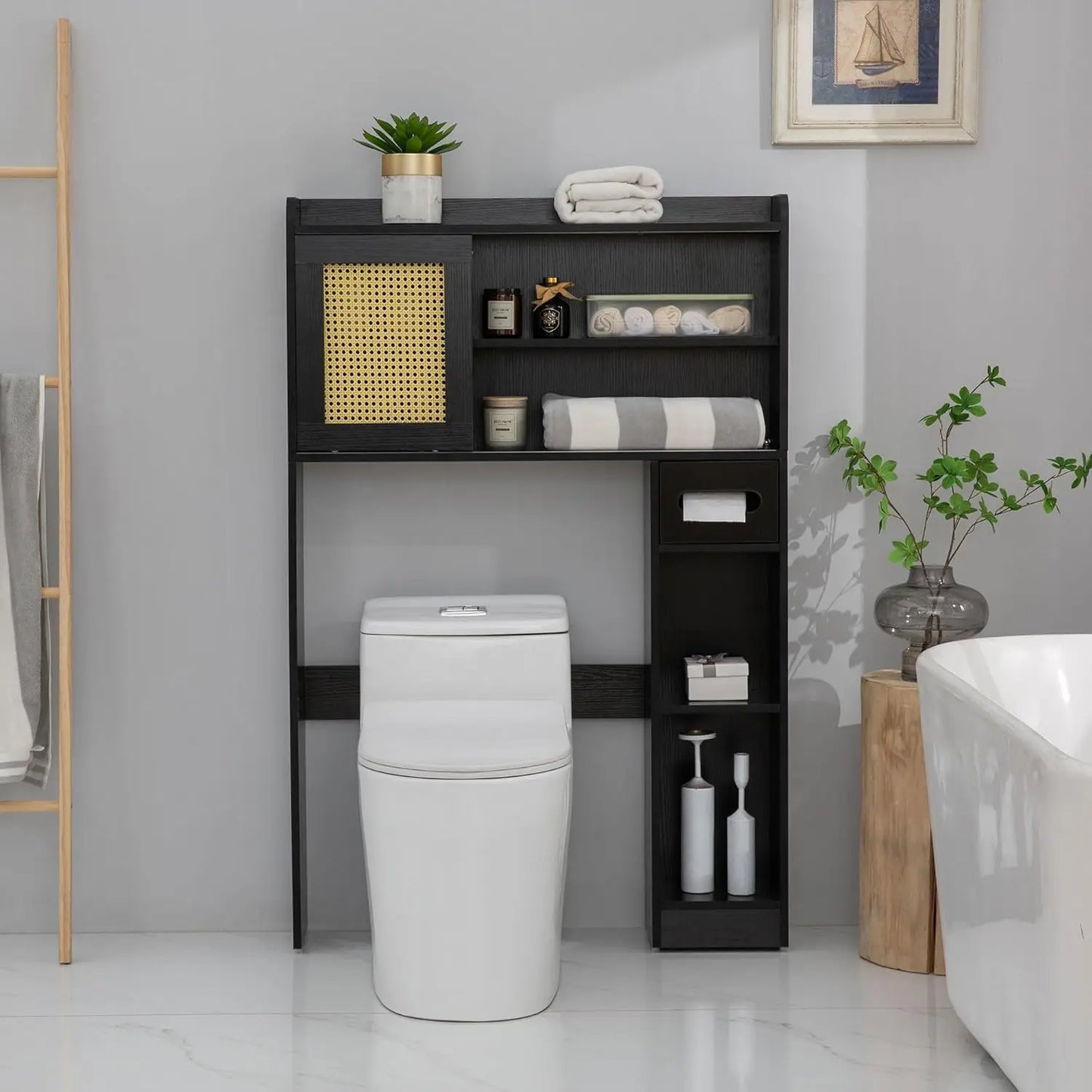 Over Toilet Storage Cabinet SixTier Freestanding with Sliding Door