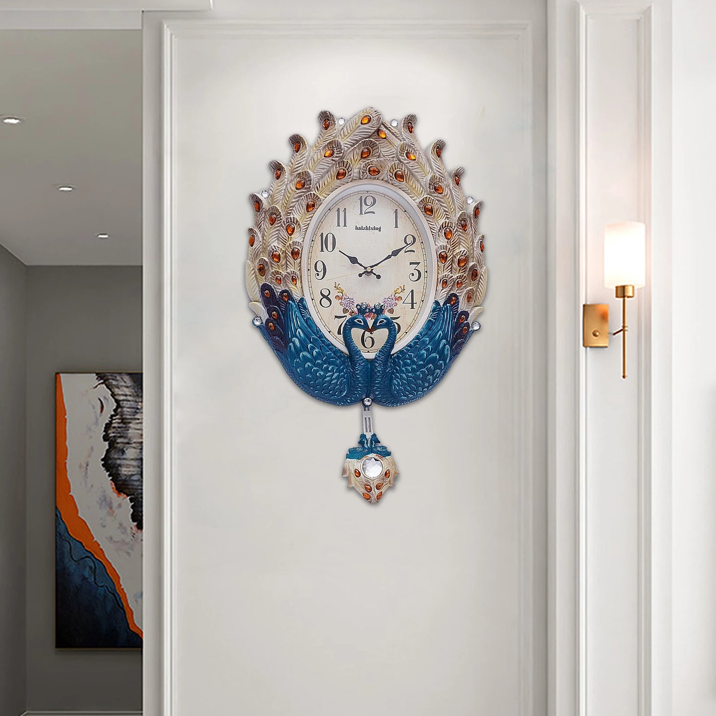NONED Peacock Wall Clock Modern Pendulum Crystal Accents