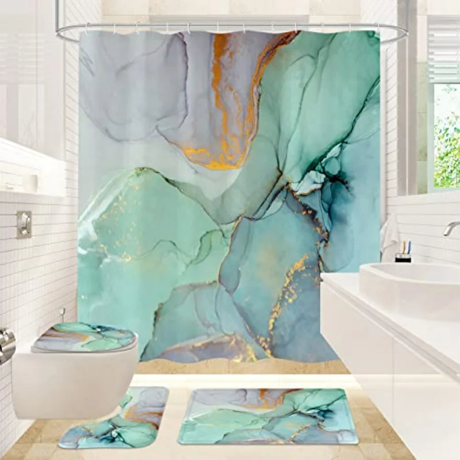 Shower Curtain Ensemble With Toilet Lid Cover Bath Mat