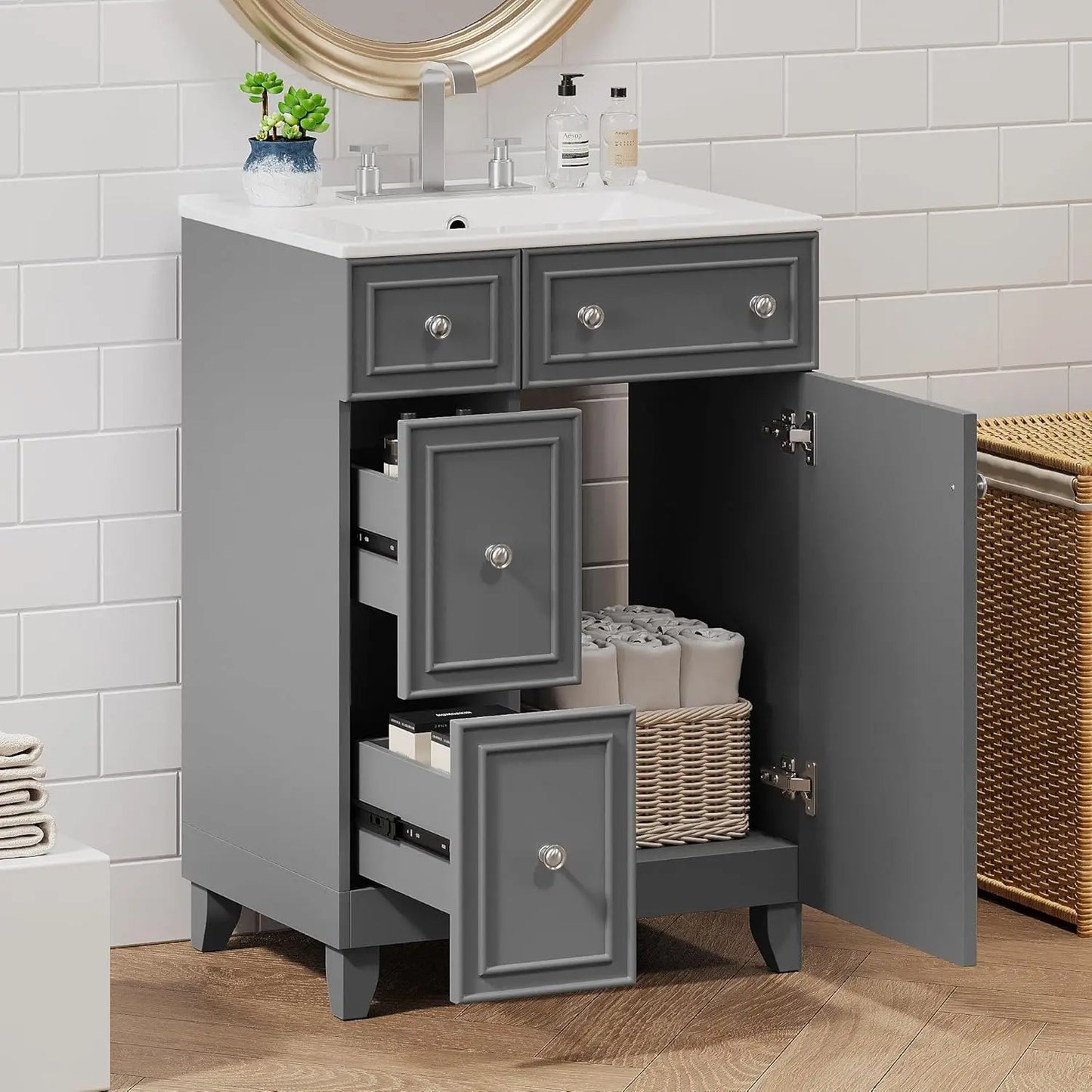 Modern Freestanding Bathroom Vanity With Sink And Gold Handles