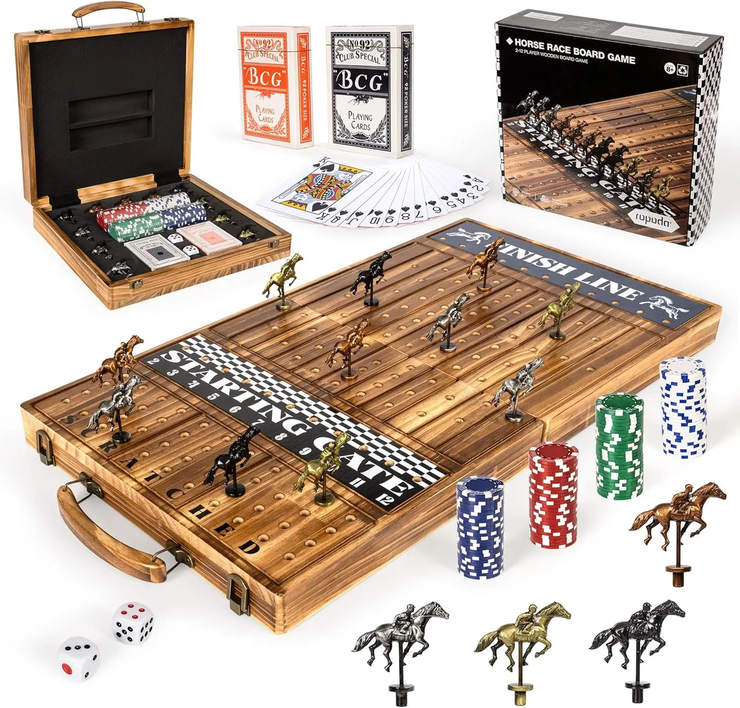 Foldable Wood Horse Racing Board Game Chips Dice Cards