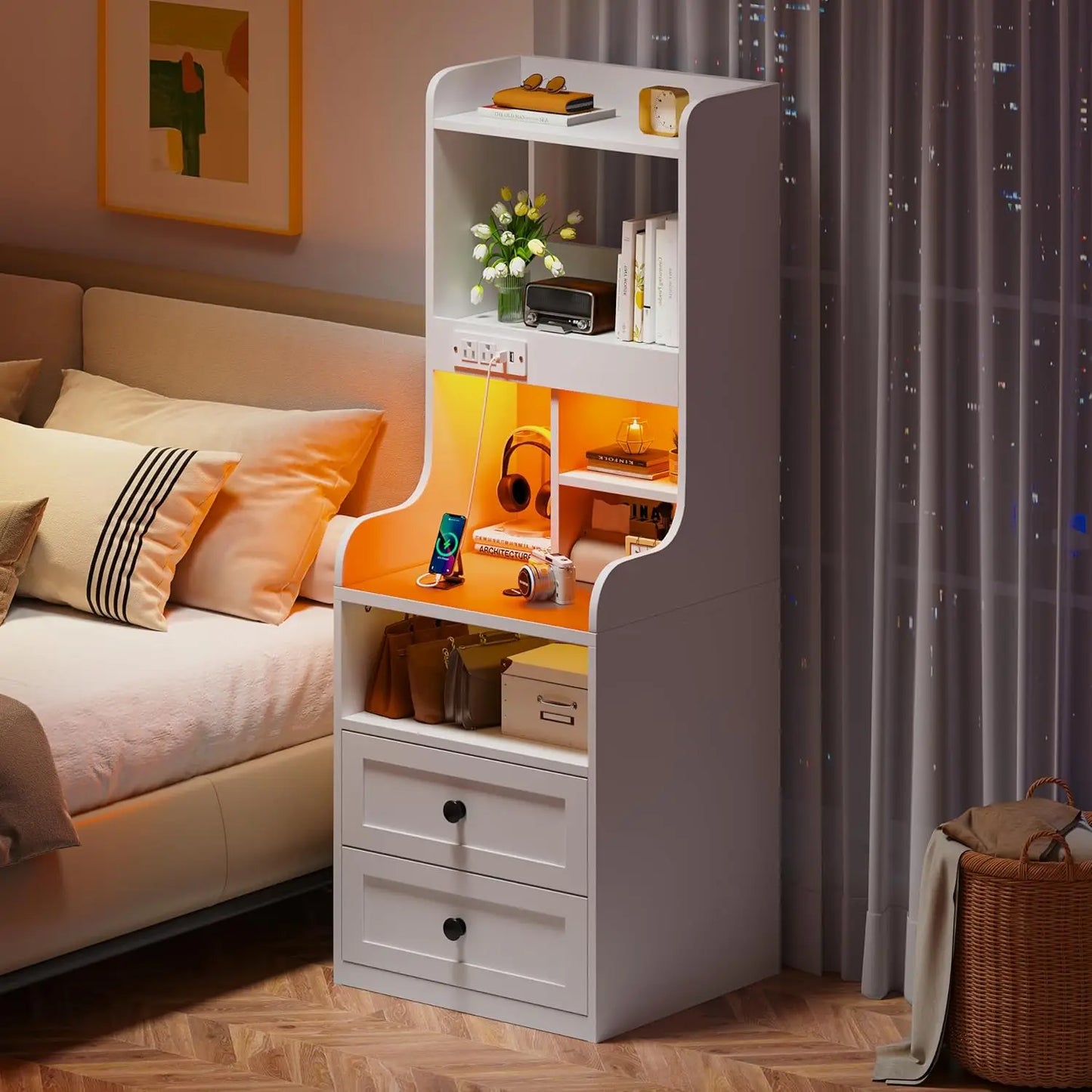 Tall Black Nightstand with LED Lights and Charging Station Two Drawer Design