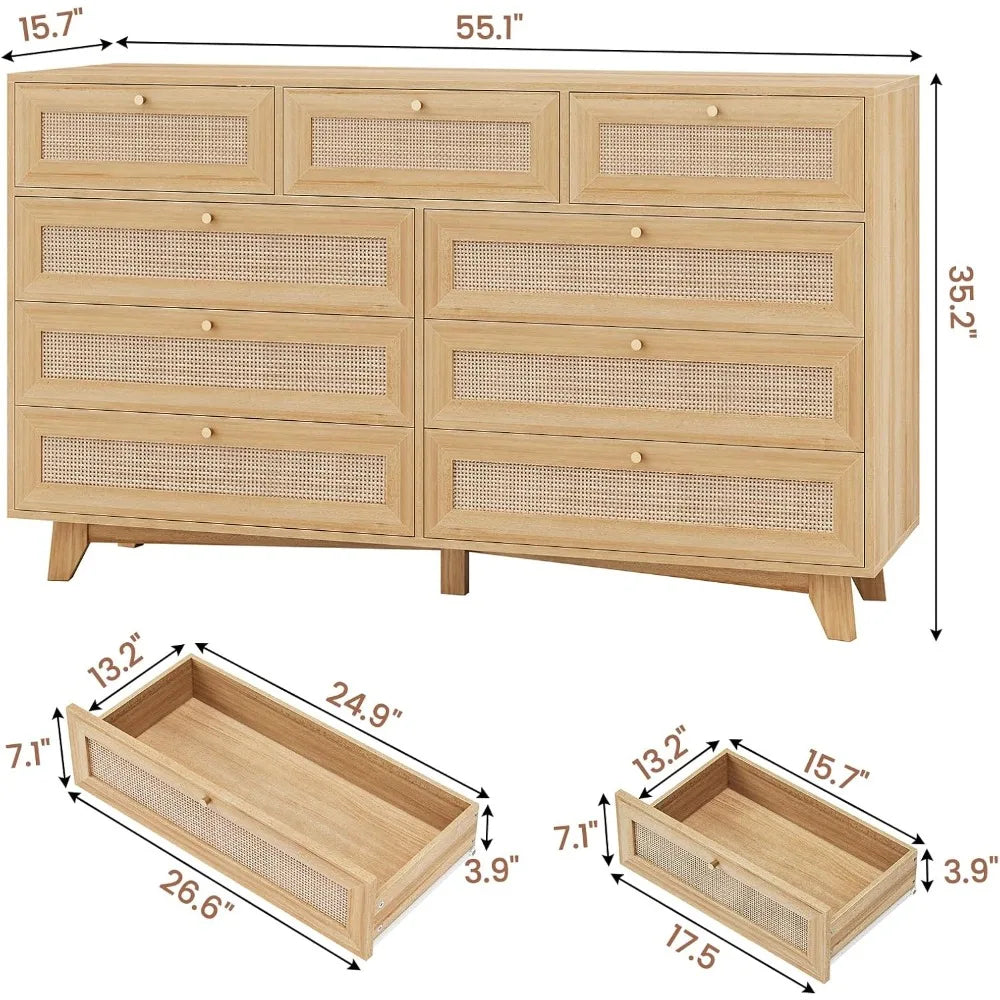 Rattan Dresser with 9 Drawers Natural Finish Modern Wooden Tall Cabinet