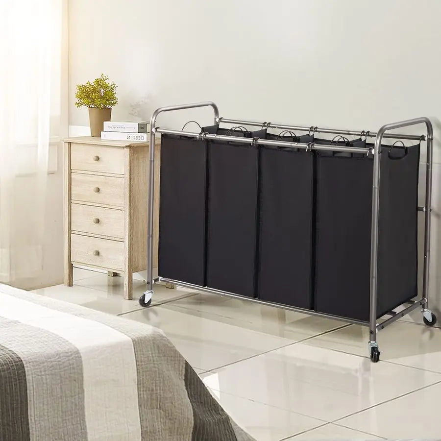 Laundry Sorter 4 Section Rolling Cart With Removable Bags