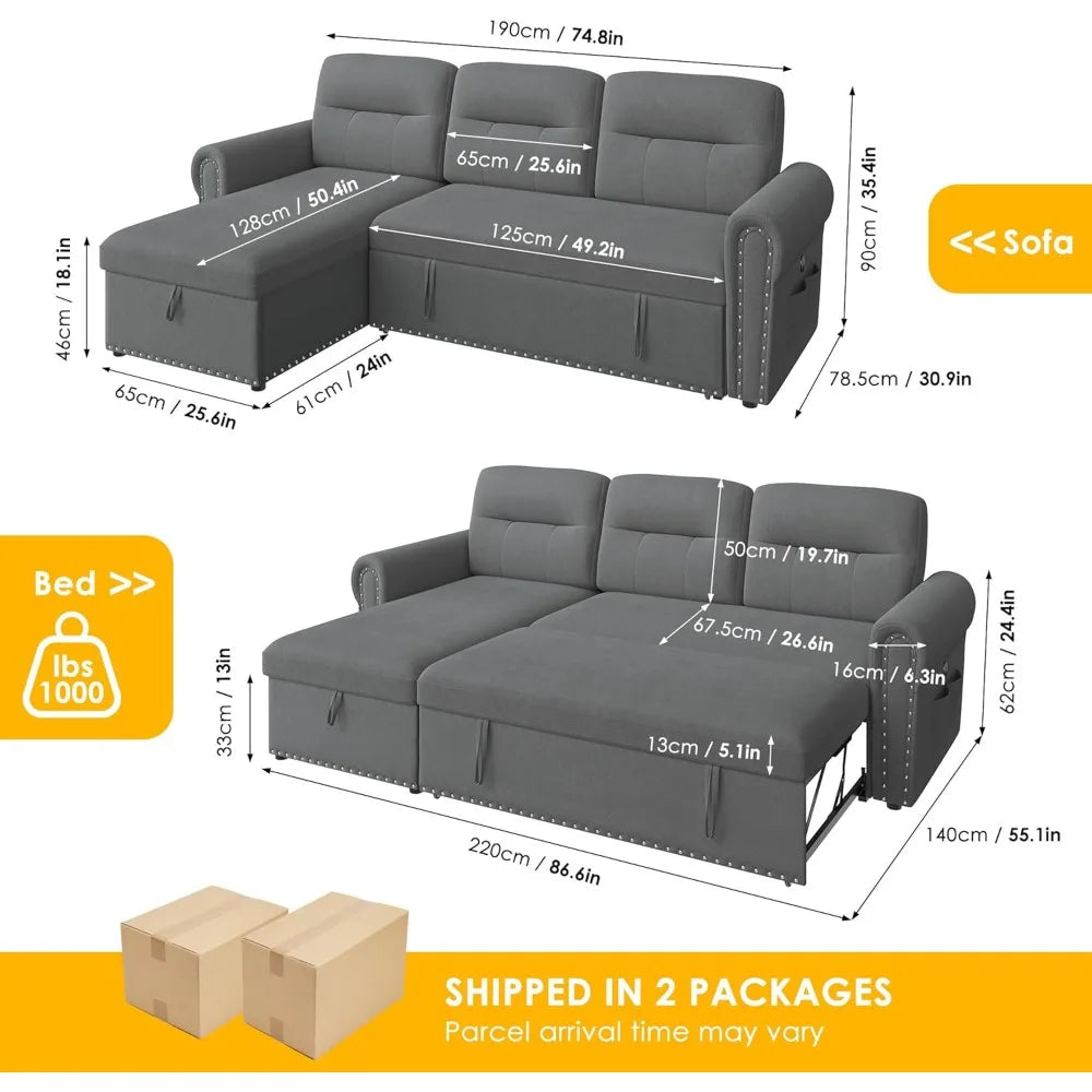 MKDK Sleeper Sofa Bed Sectional With Reversible Storage