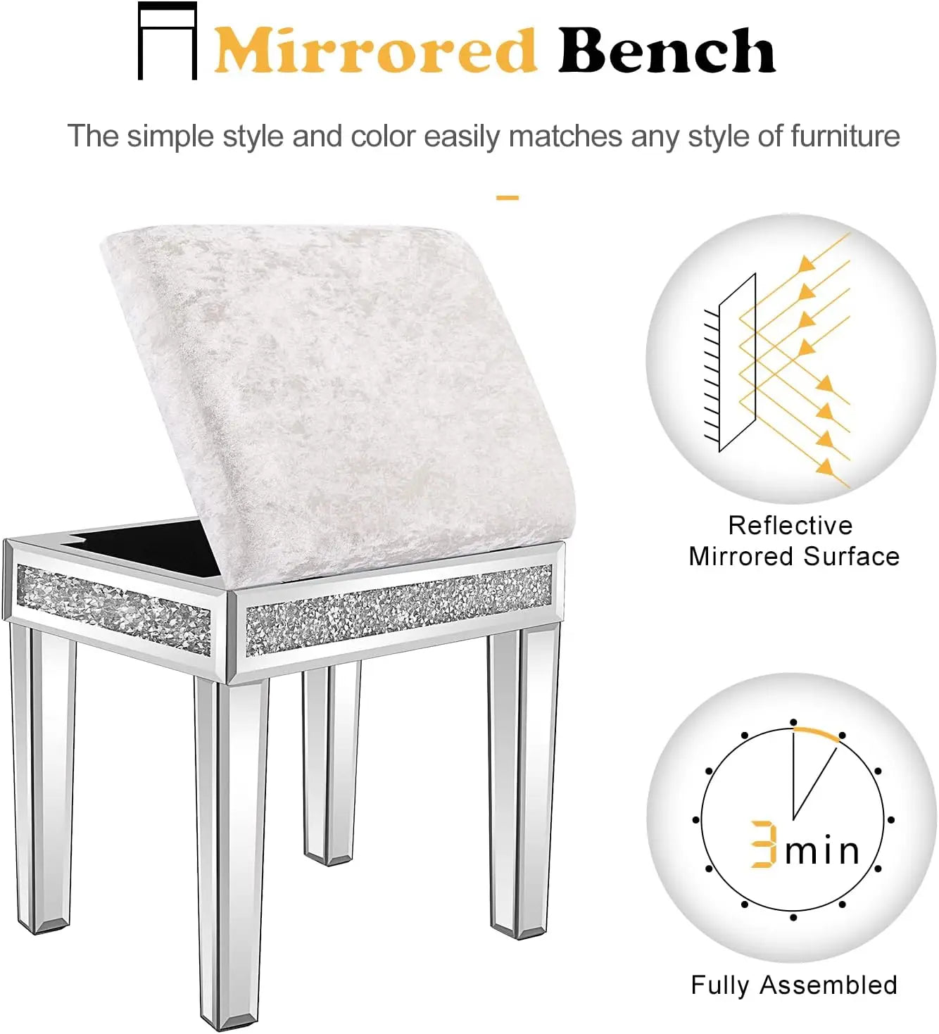 Mirrored Velvet Vanity Stool with Storage and Sparkling Diamonds in Silver