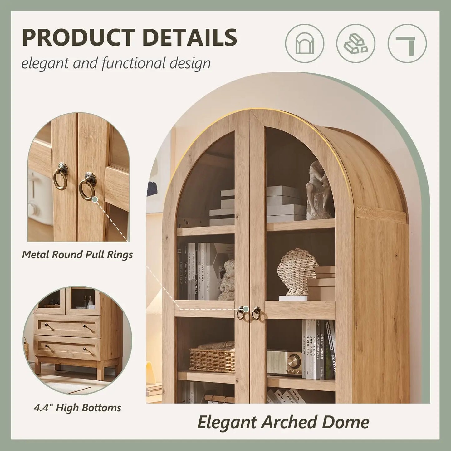 Arched Bathroom Storage Cabinet With 4-Tier Shelves And Drawers