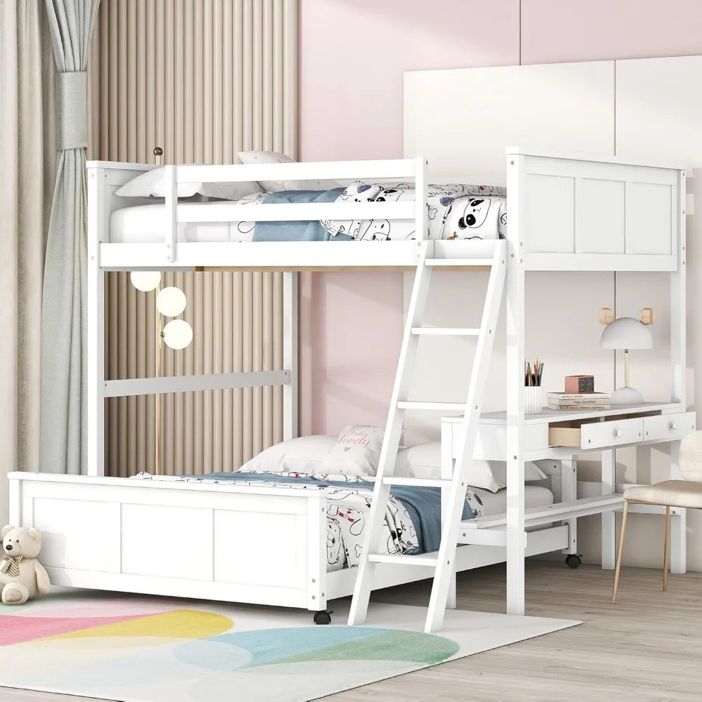 MKDK Solid Wood Bunk Bed With Desk And Storage System