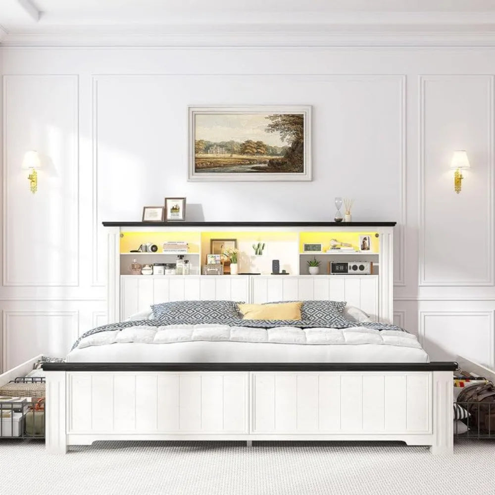 Queen Bed Frame With Storage Headboard LED USB Lighting