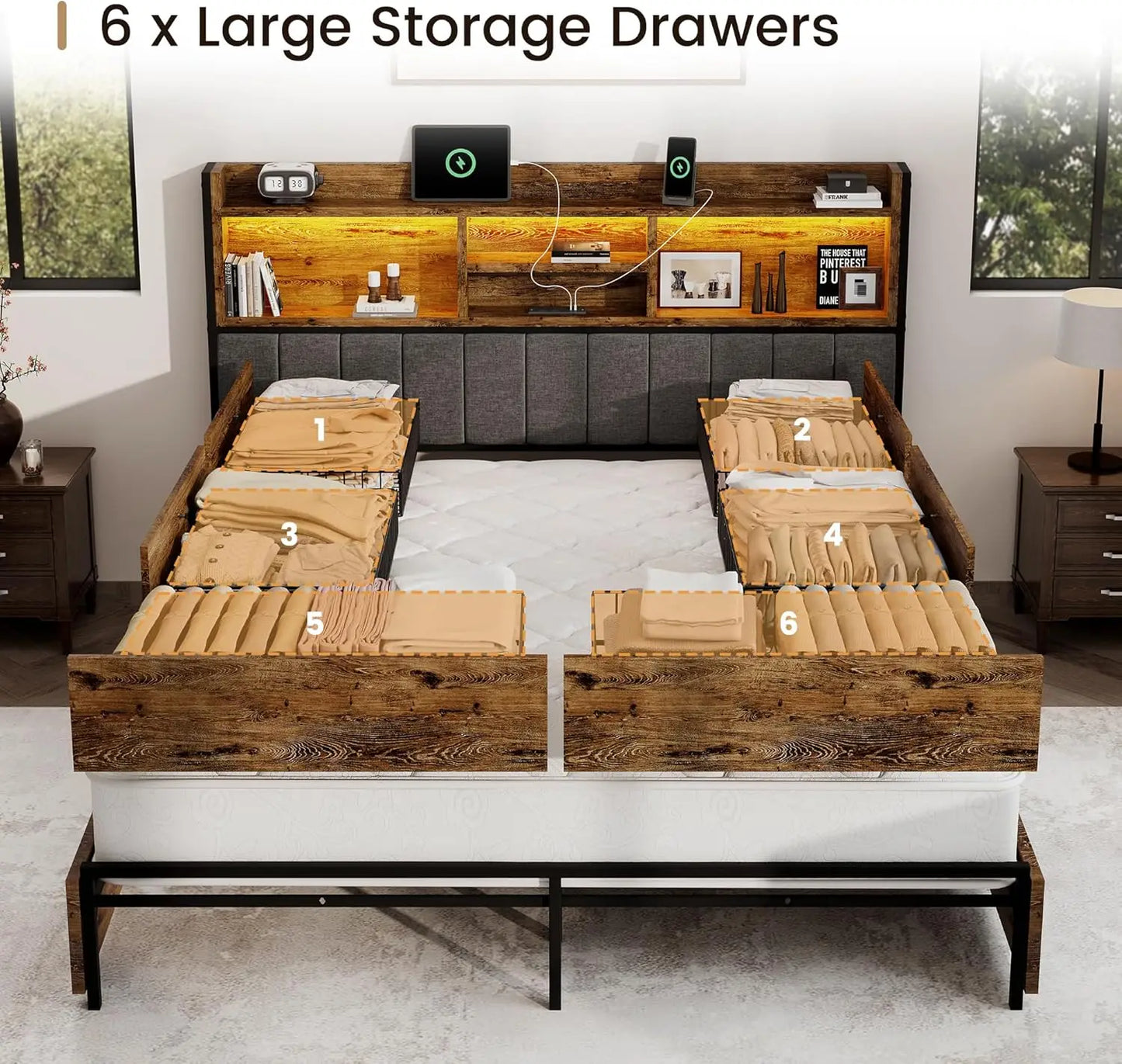 King Bed Frame With Six Drawers Linen Headboard USB