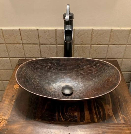 17 Inch Copper Vessel Bathroom Sink with Pop Up Drain and Waterfall Faucet