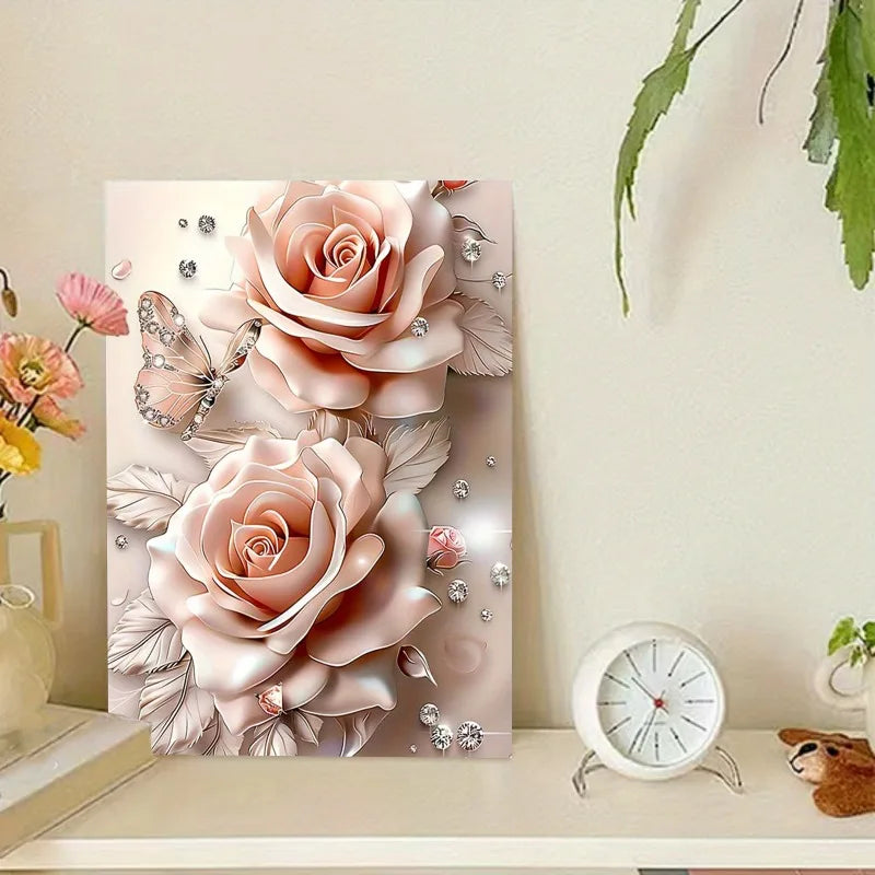 Dream Pink Rose Butterfly Diamond Canvas Wall Art for Home and Office Decor