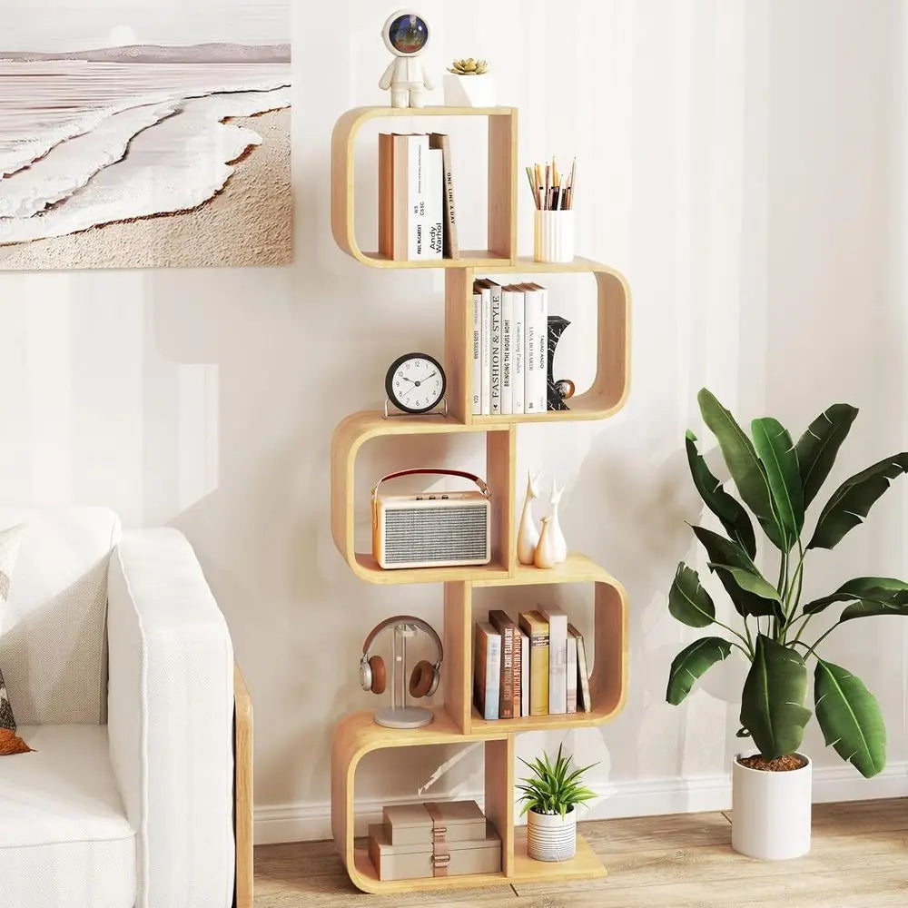 Five Tier Bamboo S Shaped Bookshelf With Open Cubes