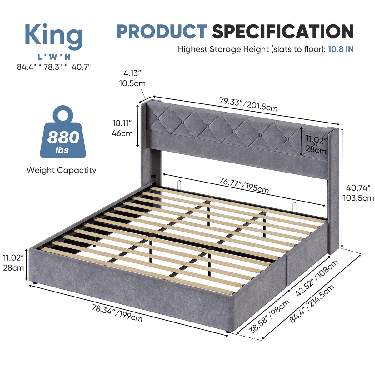 JHK Upholstered Lift Up Storage Bed Frame With Wingback Headboard