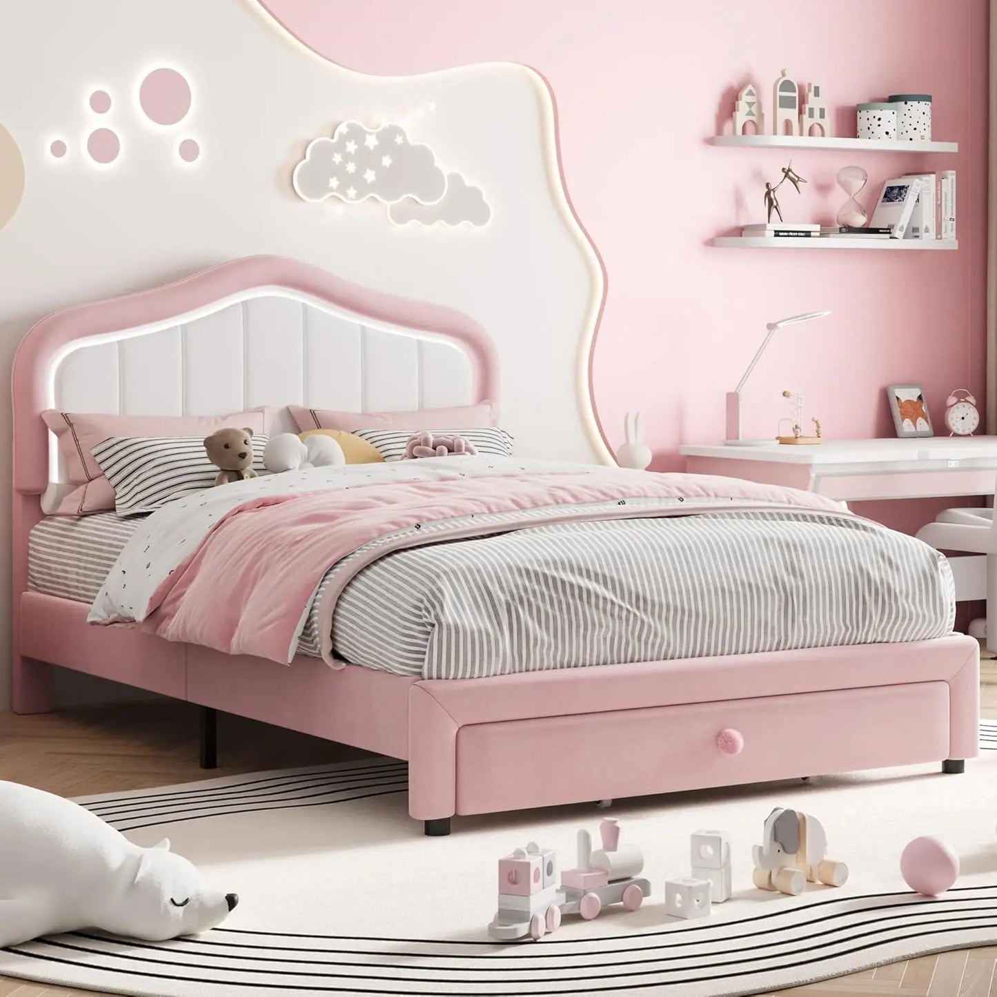 Studyset Kids Upholstered Bed Frame With LED Crown Headboard
