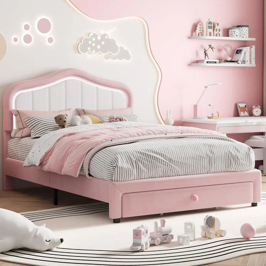 Studyset Kids Upholstered Bed Frame With LED Crown Headboard
