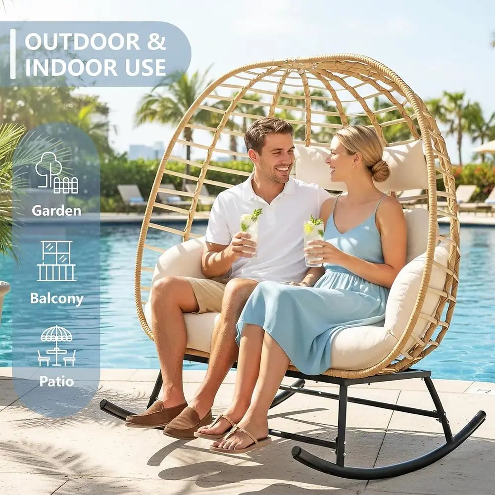 Double Wicker Egg Rocking Chair Outdoor Lounge Patio