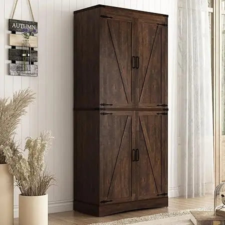 71 Inch Tall Farmhouse Pantry Cabinet with Adjustable Shelves and Steel Pipe