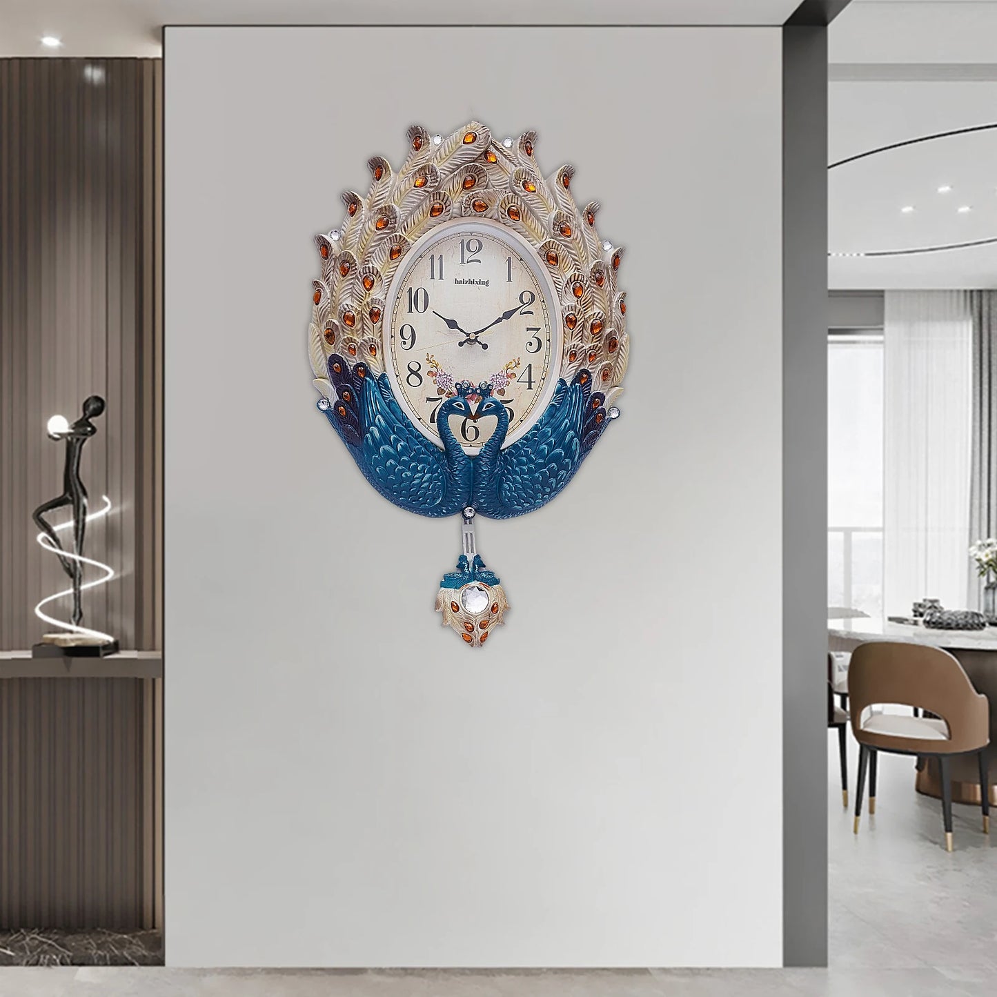 NONED Peacock Wall Clock Modern Pendulum Crystal Accents