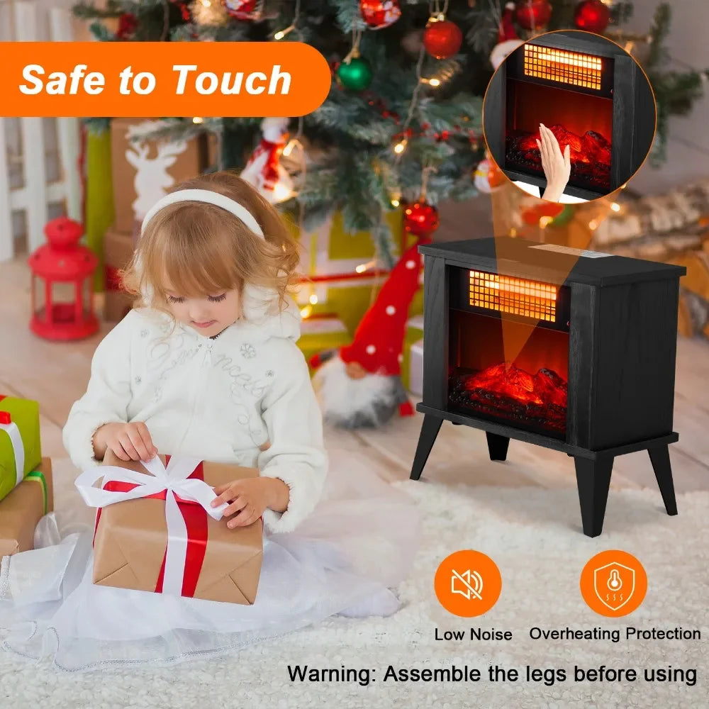 1000W 15 Inch Electric Fireplace Heater Freestanding Wooden Stove with 3D Flame