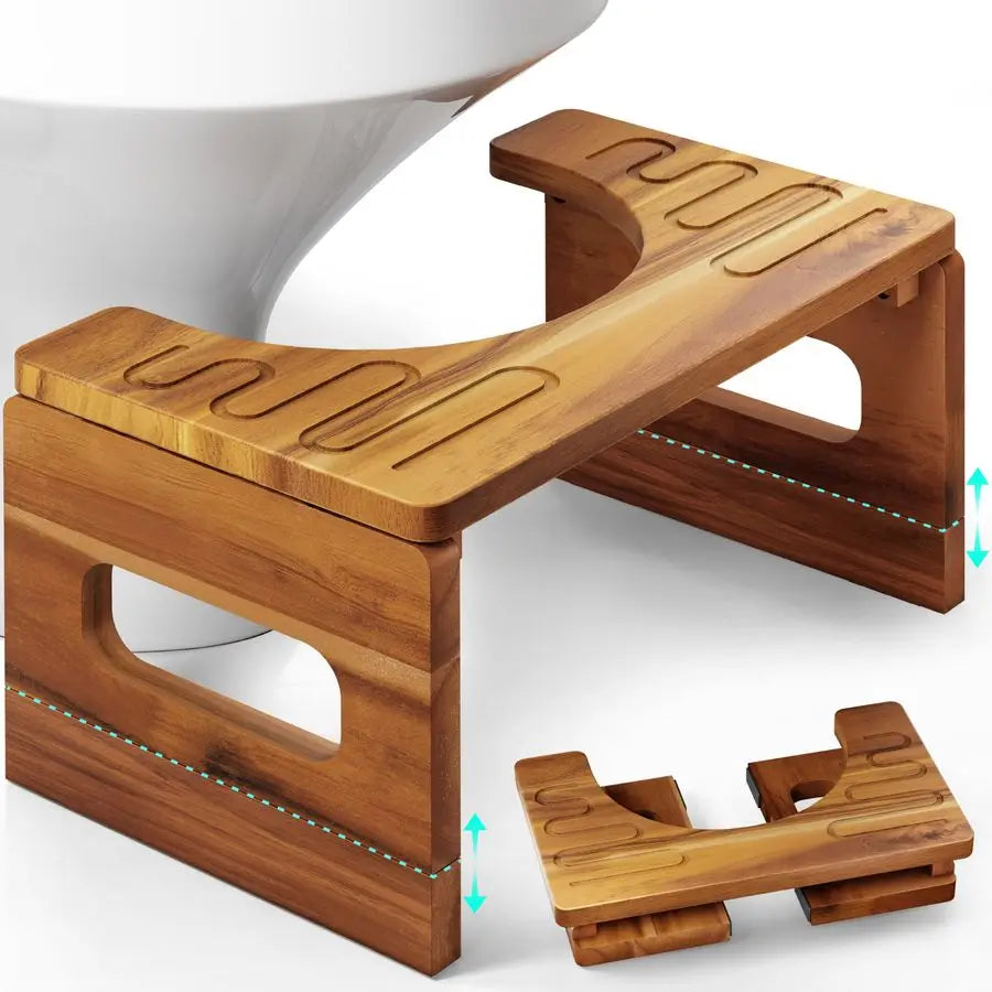 Foldable Toilet Stool Acacia Wood With Adjustable Heights