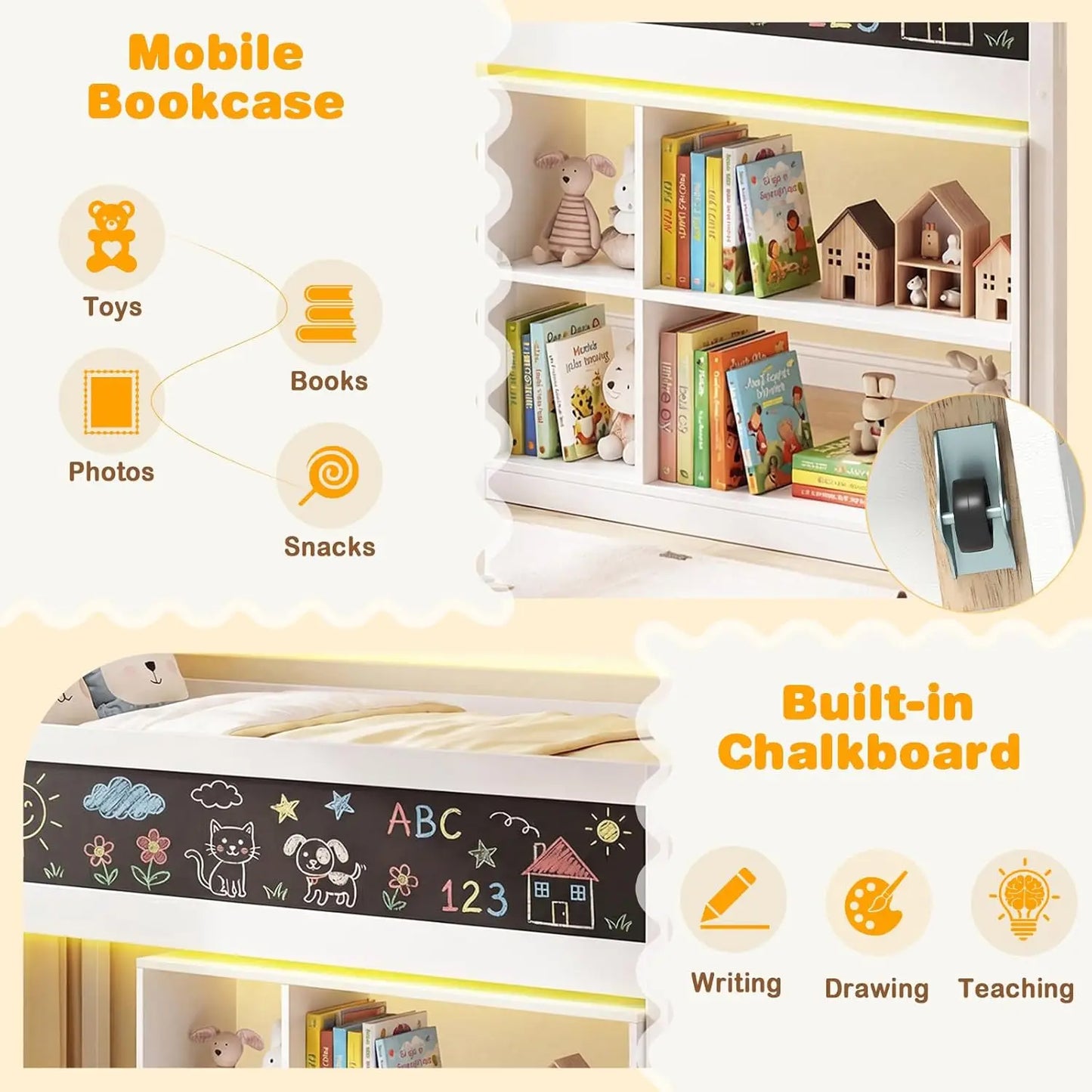 Wood Loft Bed With LED Lights Chalkboard Under-Bed Storage