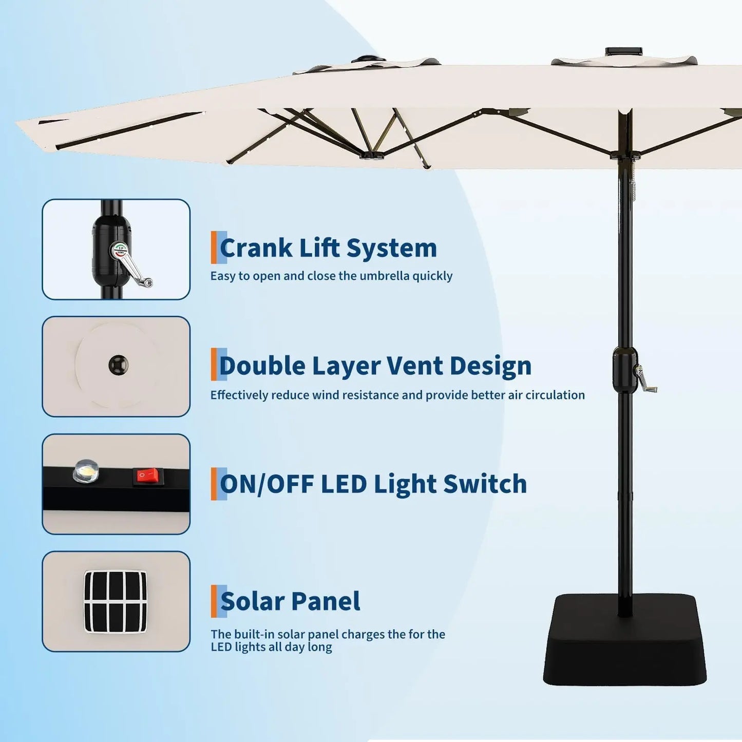 HiMISS Outdoor Patio Umbrella With Solar LED Lights Base