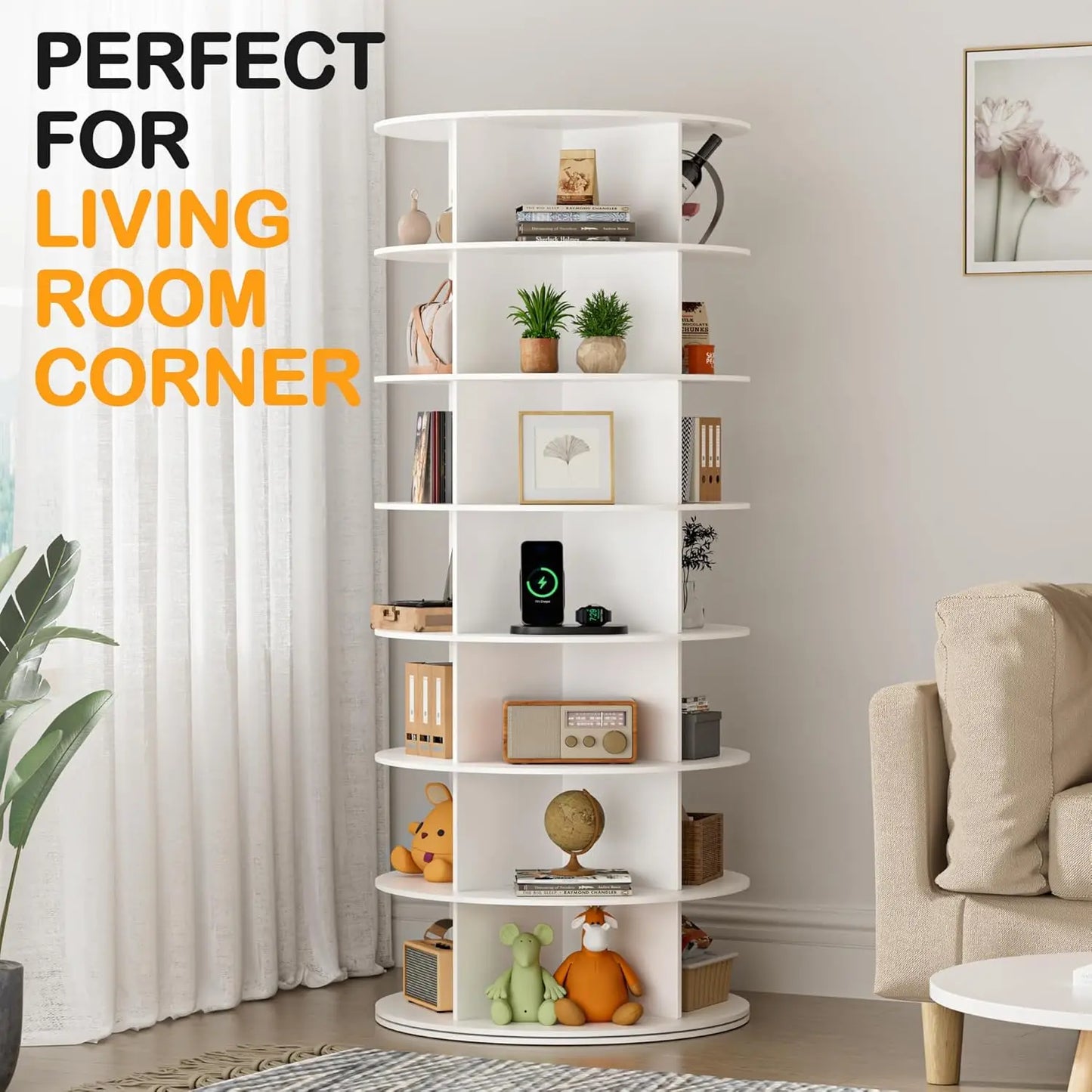 Rotating 7 Tier Shoe Rack Tower Vertical Spinning Organizer White Storage Solution