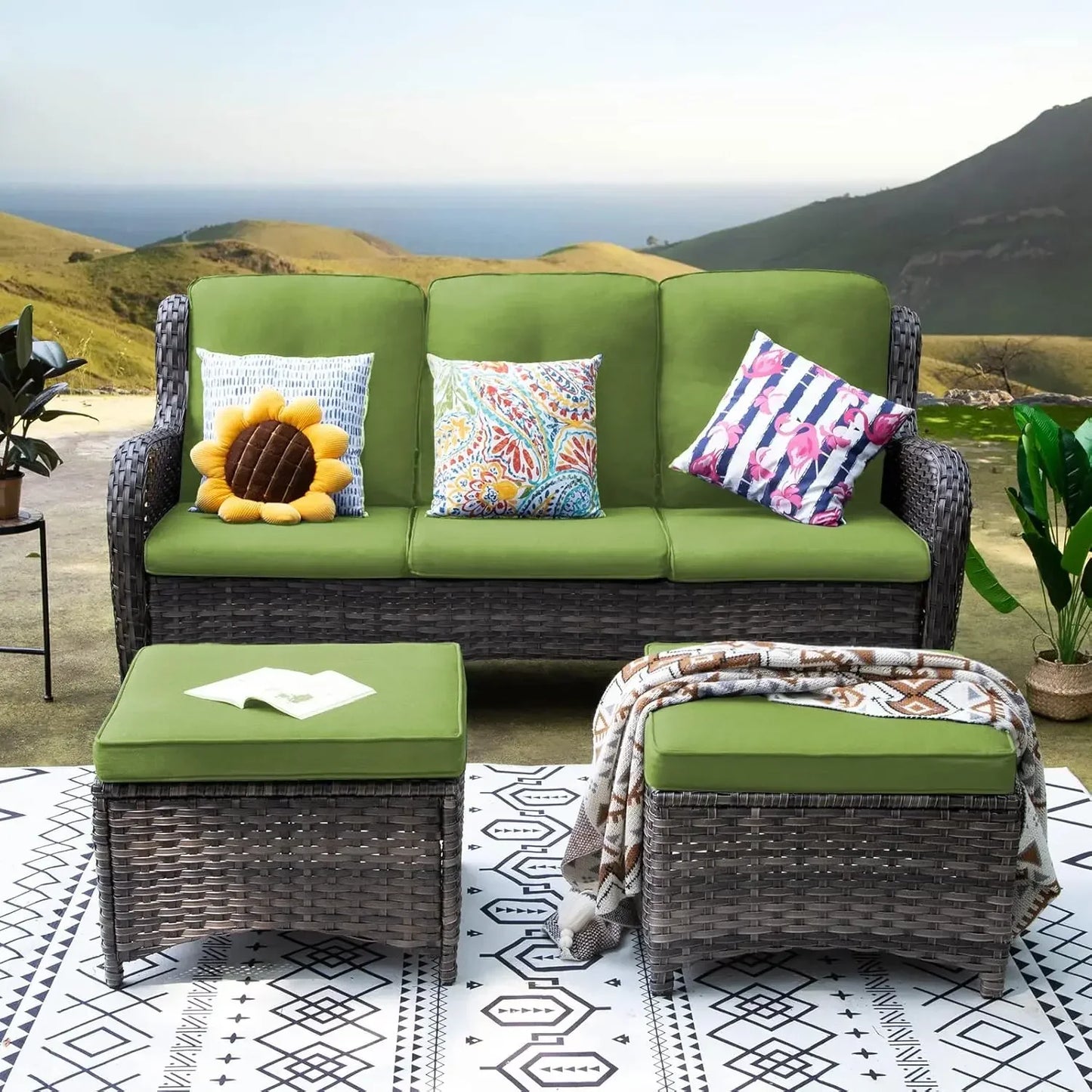 Three Piece Wicker Outdoor Conversation Set With Sofa Ottomans