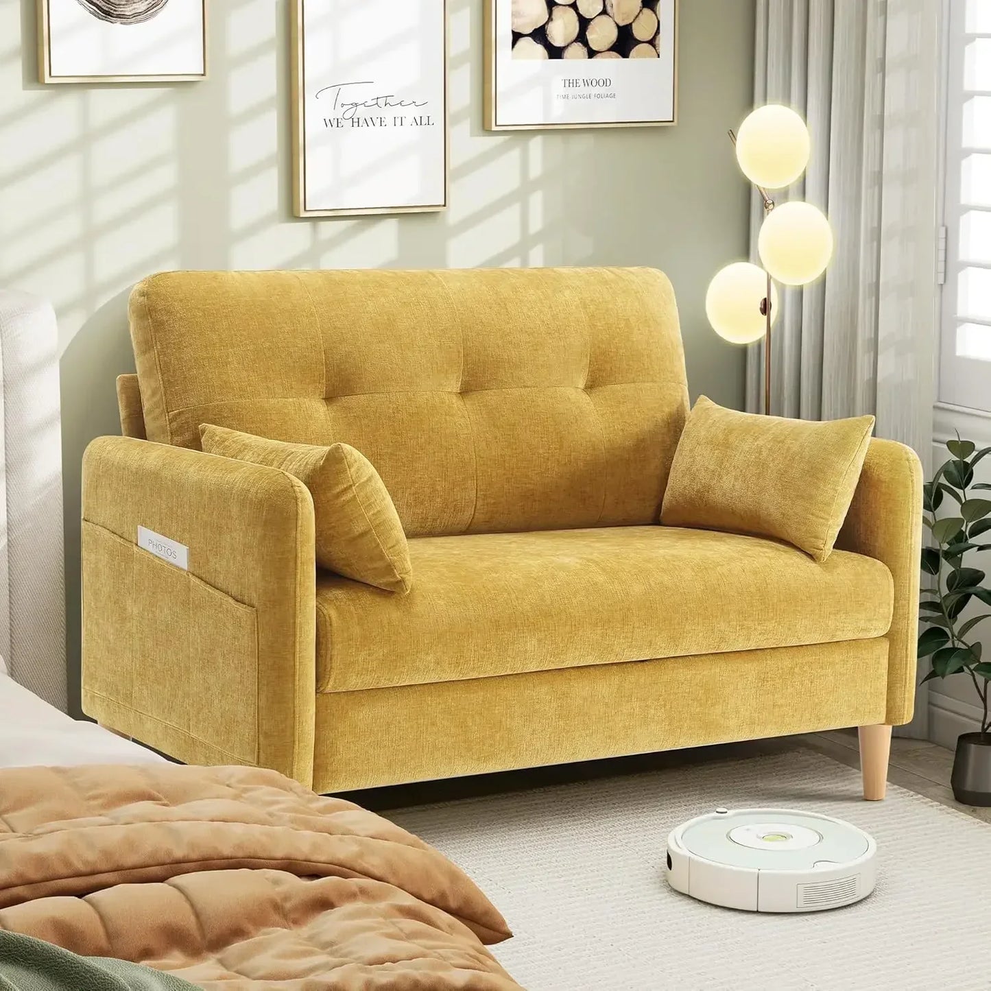 47 Inch Small Chenille Fabric Love Seat Sofa with Throw Pillow for Living Room