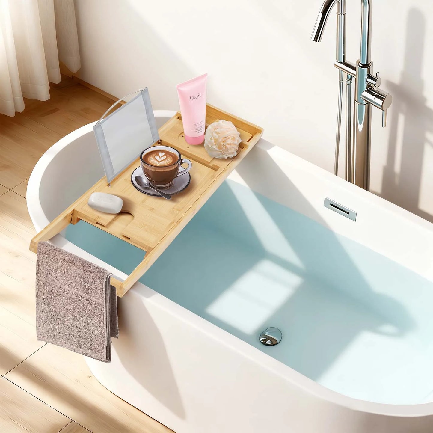 Bamboo Bathtub Caddy Tray Expandable Wooden Bath Rack