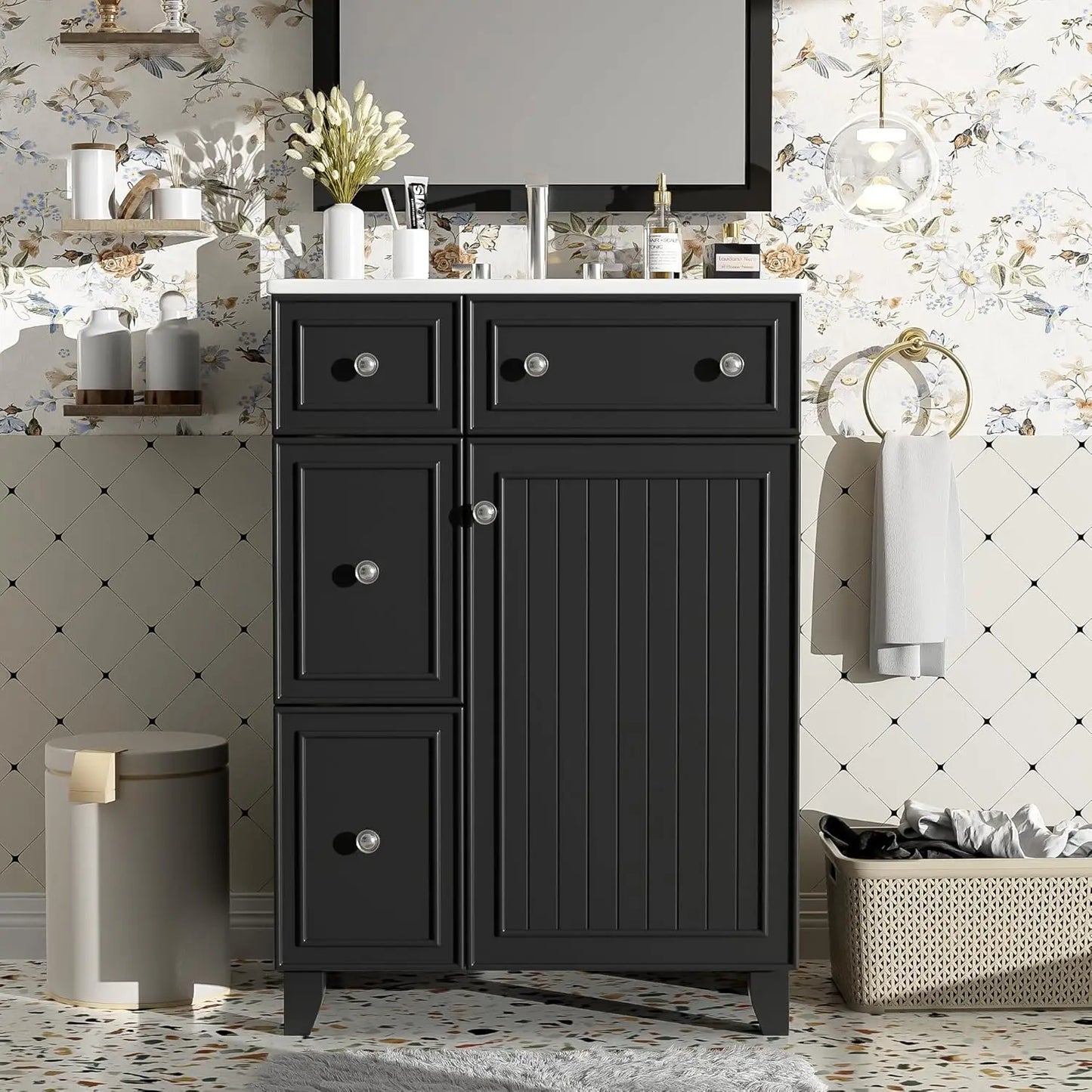Modern Freestanding Bathroom Vanity With Sink And Gold Handles