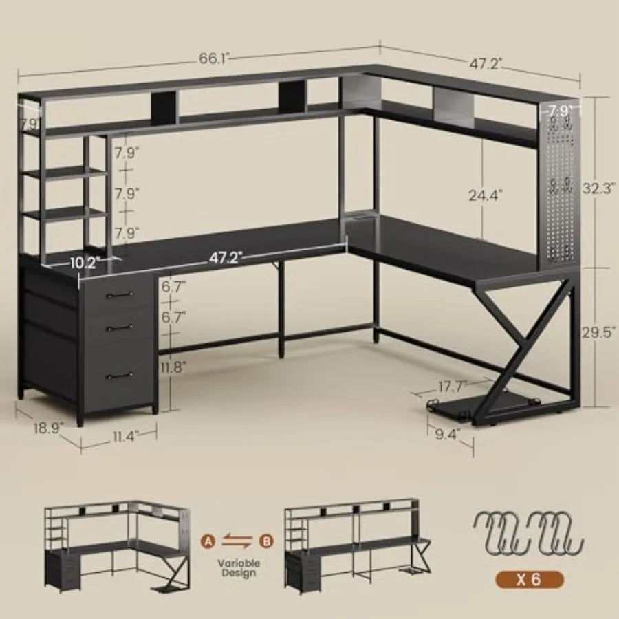 MDNG L Shaped Gaming Desk With Storage Drawers Hutch
