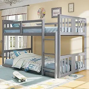 Low Bunk Beds Twin XL Over Queen with Ladder and Guardrail for Kids