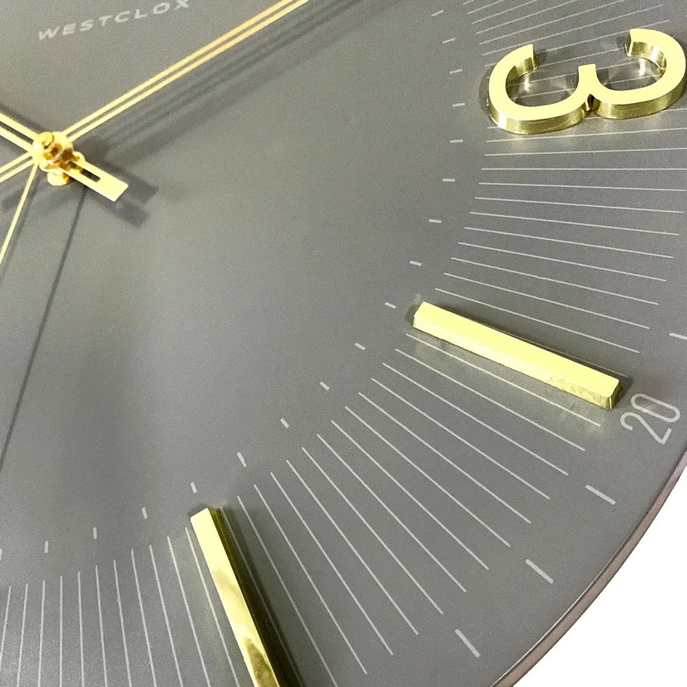 Contemporary 16 Inch Gray Analog Wall Clock with Gold Numbers for Home Decor