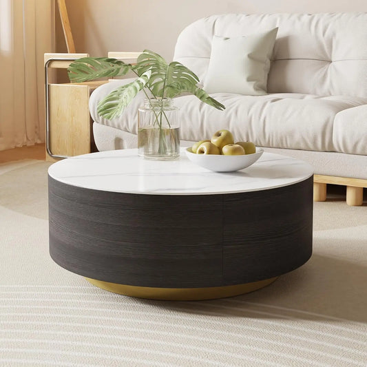 Modern Round Marble Coffee Table with Drawers and Sintered Stone Top